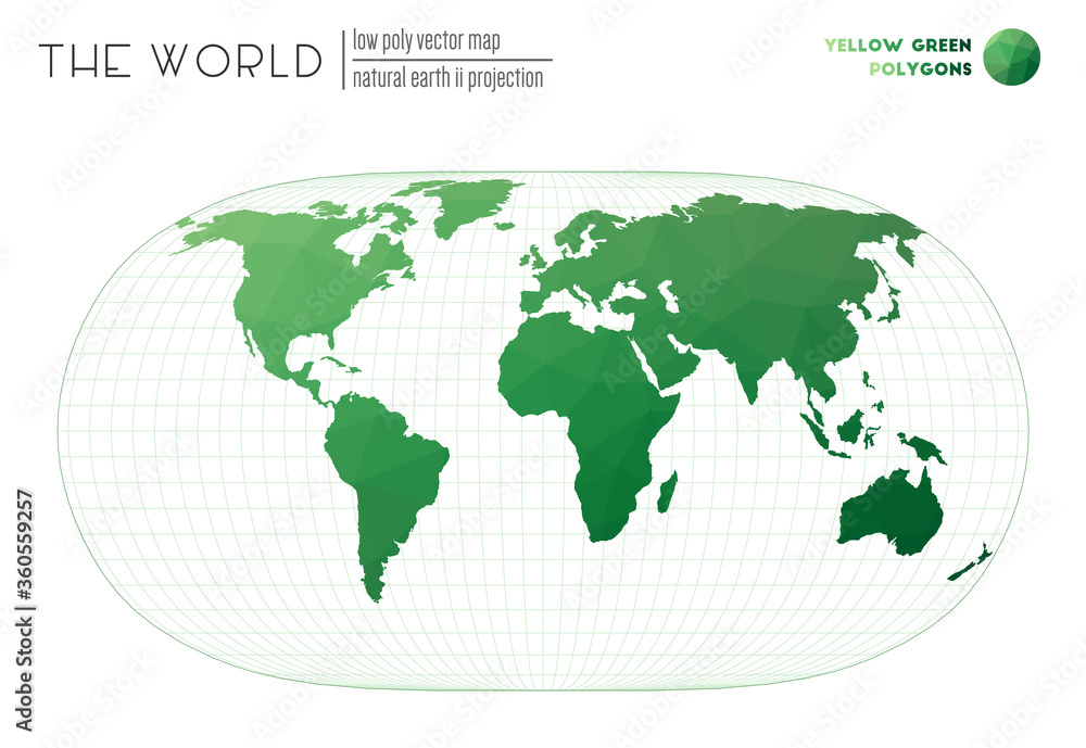 World map in polygonal style. Natural Earth II projection of the world. Yellow Green colored polygons. Beautiful vector illustration. World map in polygonal style. Natural Earth II projection of the world. Yellow Green colored polygons. Beautiful vector illustration.