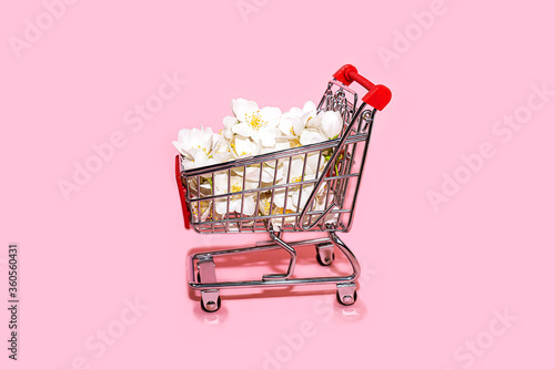 Shopping trolley pattern on pastel pink background.