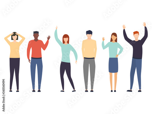 Young multicultural girls and boys with different emotions set. Happy and sad male and female flat character. Group of multicultural coworkers vector illustration isolated on white background. 