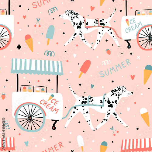 Seamless cartoon pattern with cute dalmatian dog   and ice cream truck on pink background. Funny kids background.
