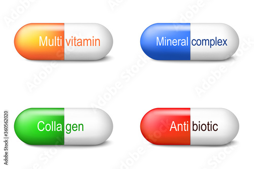 Capsules with collagen, antibiotic, multivitamin and mineral complex. Pharmacy. Set icons.