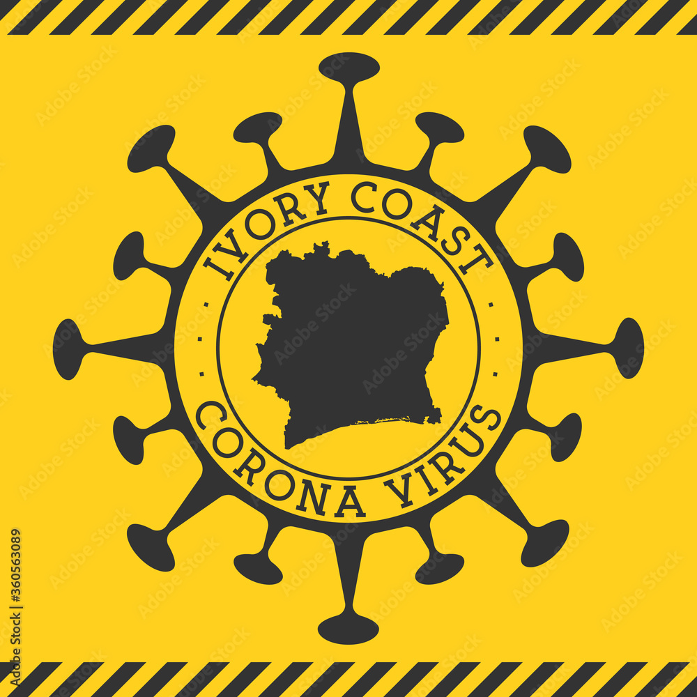 Corona virus in Ivory Coast sign. Round badge with shape of virus and Ivory Coast map. Yellow country epidemy lock down stamp. Vector illustration.