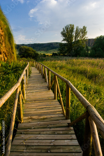 Luces de atardecer sobre pasarela en humedal