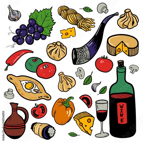 Hand drawn color set of Georgian Cuisine. Sketch vector illustration of food with khinkali, khachapuri, pkhali, cheese, wine.