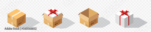 Carton gift boxes delivery packaging open and closed box with bows. Vector isometric cardboard box mockup set