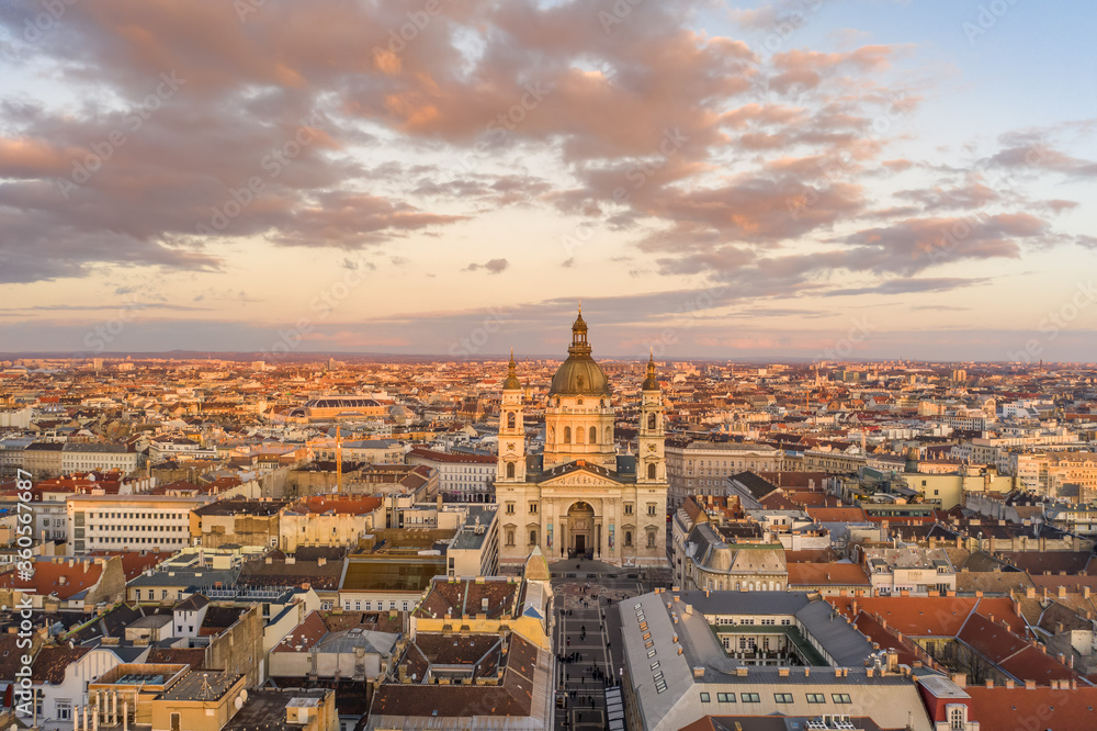 Aerial drone shot of St. Stephen Basilica during Budapest sunset