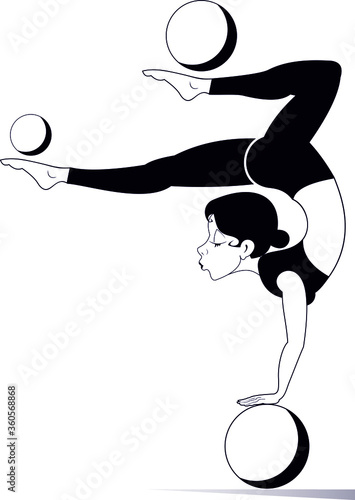 Young woman does exercises with the balls illustration. Young woman with lithe figure doing sport exercise with the balls black on white