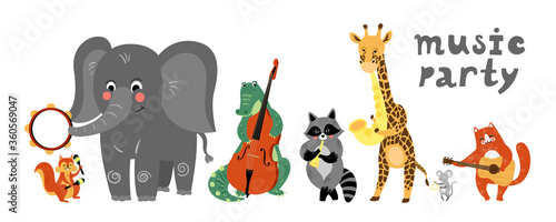 Vector music cartoon animals musicians playing musical instruments. Music concert card, poster