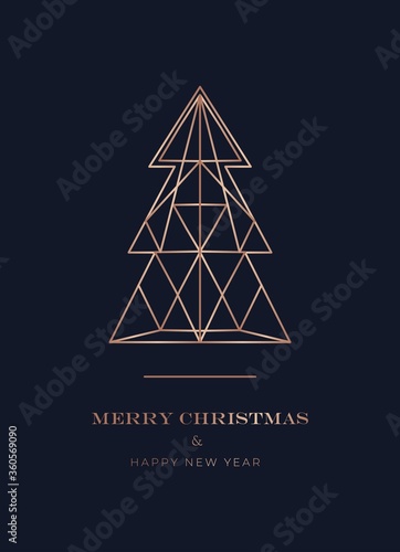 Luxury Christmas greeting card with navy blue background and geometric Christmas tree. Elegant New year template for invitation, banner, social networks post etc. Vector illustration