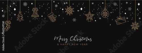 Black and gold Christmas background with linear icons in flat style. Merry Christmas and Happy New year concept. Vector holiday illustration for cards, background, banner, invitation etc