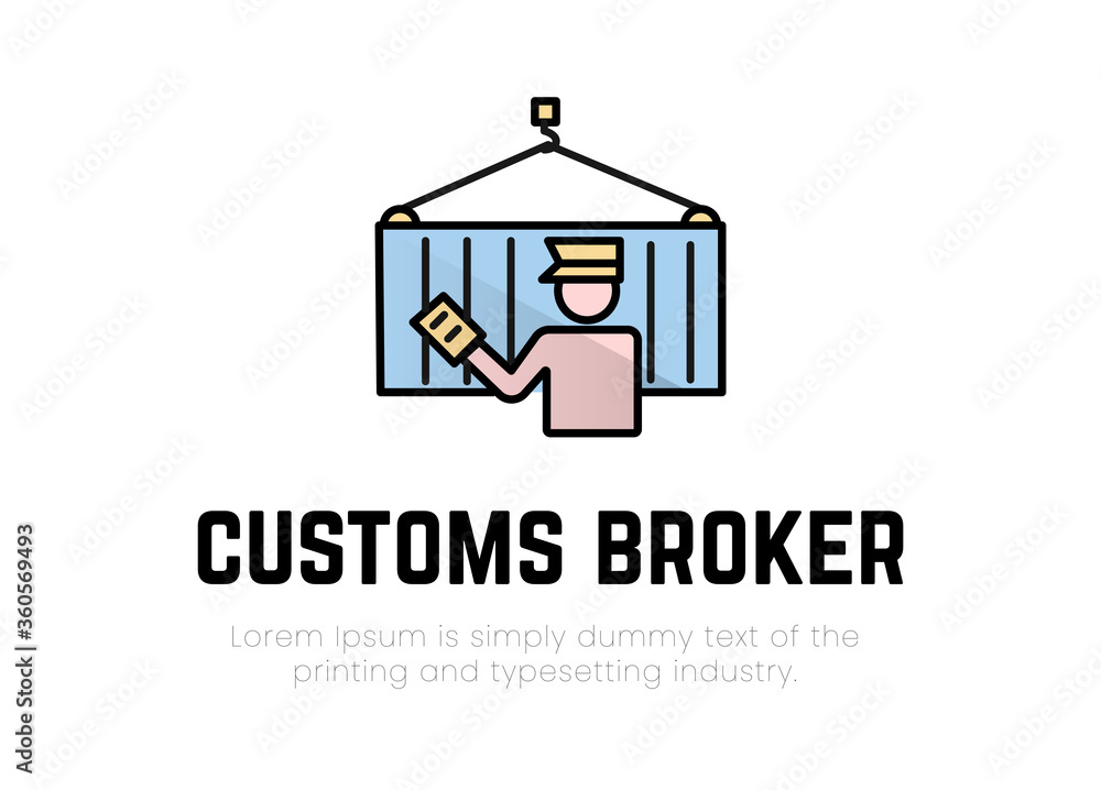 Finance. Financial services. Brokerage services. Logo silhouette of a man in the form of a customs broker with a document in hand near a cargo container on a hook, the inscription customs broker