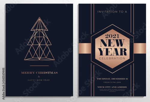 New Year party invitation set with rose gold geometric abstract lines and navy blue background. Elegant Christmas template with Christmas tree. Vector illustration.