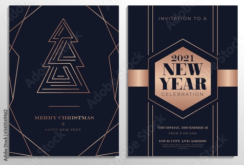 New year party invitation with stylized christmas tree. Elegant design template for Christmas with rose gold abstract lines and navy blue background. Luxury Xmas cards set. Vector illustration