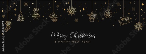 Merry Christmas linear elegant card with geometric golden icons. Present, star, Christmas tree, glove on dark background. Simple holiday background. Vector illustration
