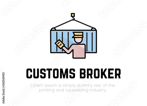 Finance. Financial services. Brokerage services. Logo silhouette of a man in the form of a customs broker with a document in hand near a cargo container on a hook, the inscription customs broker