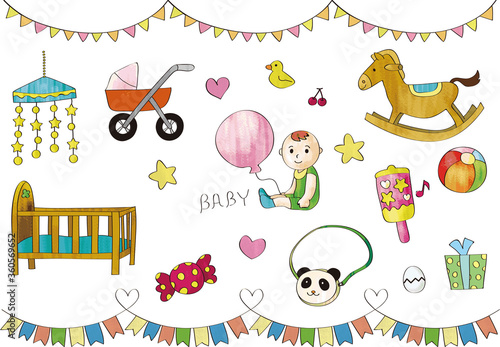 ベビー用品手書きイラストセット　線あり