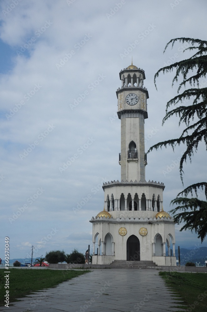 White tower with clocks, columns and domes, paved walkway, tree branch against a cloudy sky 