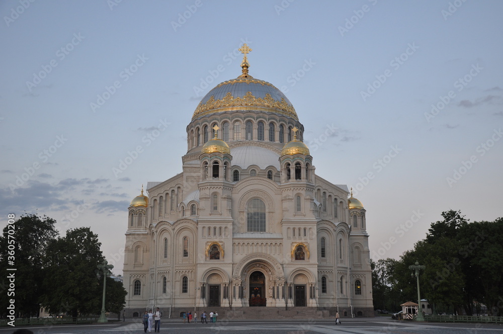 Kronstadt Naval Cathedral on Anchor Square at sunset