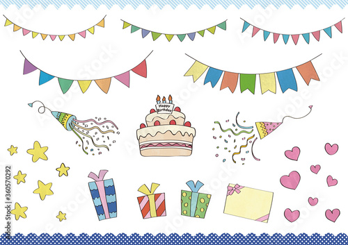 手描きガーランドとプレゼントと誕生日ケーキのセット　線あり