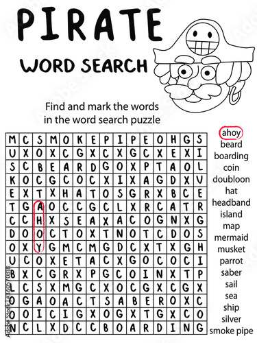 Pirate word search puzzle for kids stock vector illustration. Pirate worksheet with small coloring character and work search puzzle. Find and mark the 18 words in the word search puzzle. One of series