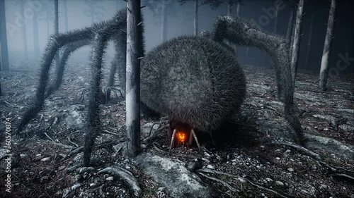 scary gigant spider in fog night forest. Fear and horror. Mistic and halloween concept. Realistic 4K animation.