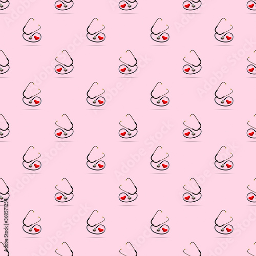 medical tool for pressure measuring stethoscope seamless pattern isolated on a pink background. wellness concept.