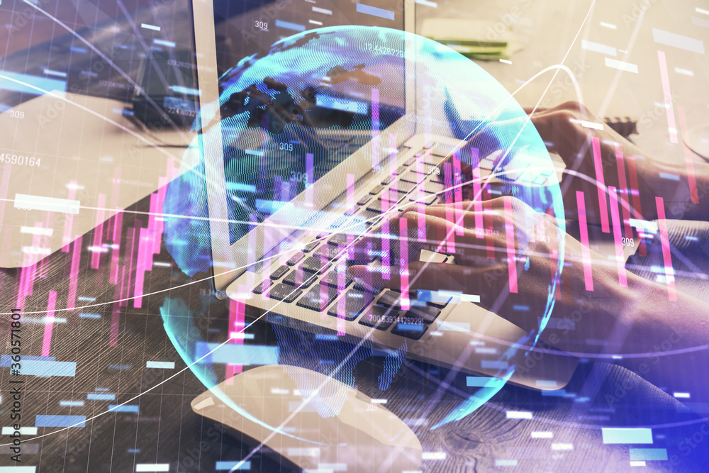Double exposure of woman hands typing on computer and forex chart hologram drawing. Stock market invest concept. Double exposure of woman hands typing on computer and forex chart hologram drawing. Stock market invest concept.