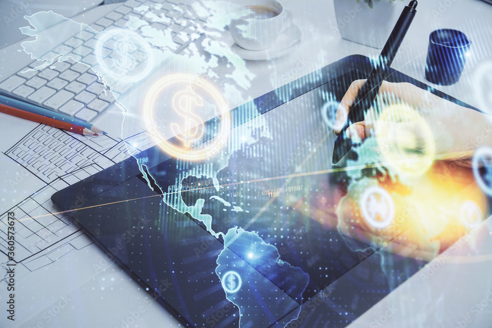 Double exposure of financial graph sketch hologram and woman holding and using a mobile device. Stock exchange concept.