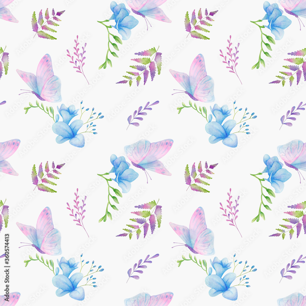 Seamless watercolor pattern with flowers, greenery and butterfly. Hand-painted background of freesia, fern, butterfly for textile, postcard, invitation. Hand drawn watercolor ornament.