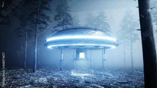 UFO in fog night forest. landing place. 4K animation.