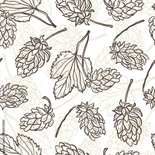Beer Hops Vector Seamless Pattern. Common Hop or Humulus Lupulus Branch. Leaves and Cones. Vector Floral Background 