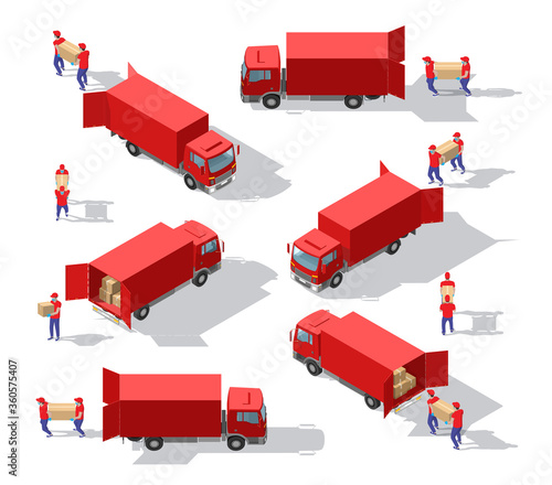 Isometric big set of delivery man in uniform holding boxes in different poses and protection masks. Vector collection delivery service workers. Fast delivery van. Isometric Logistics icons