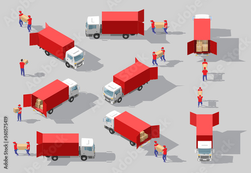 Isometric big set of delivery man in uniform holding boxes in different poses and protection masks. Vector collection delivery service workers. Fast delivery van. Isometric Logistics icons