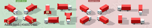 Truck transportation with open and closed door. Fast delivery or logistic transport. Easy colour change. Detailed trucks. Cargo delivering vehicle template vector isolated on white view Isometry