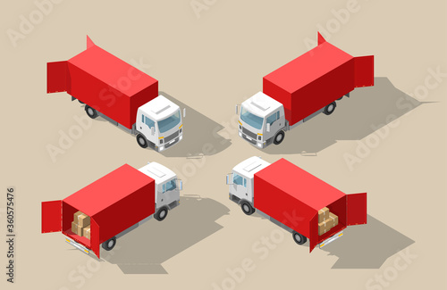 Truck transportation with open door. Fast delivery or logistic transport. Easy colour change. Detailed trucks. Cargo delivering vehicle template vector isolated on white view Isometry front, back