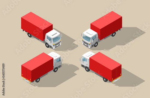 Truck transportation with closed door. Fast delivery or logistic transport. Easy colour change. Detailed trucks. Cargo delivering vehicle template vector isolated on white view Isometry front, back