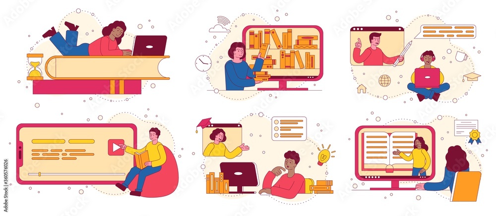 Online education, e-learning or distance learning concept with children watching webinars and lectures on computers and one student working on a stack of books, colored vector illustration Online education, e-learning or distance learning concept with children watching webinars and lectures on computers and one student working on a stack of books, colored vector illustration
