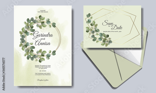 Eucalyptus  Wedding invitation card template set with beautiful floral leaves Premium Vector