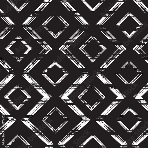 Rhombus Paint Brush Strokes Seamless pattern. Vector Abstract Grunge background. Black and white