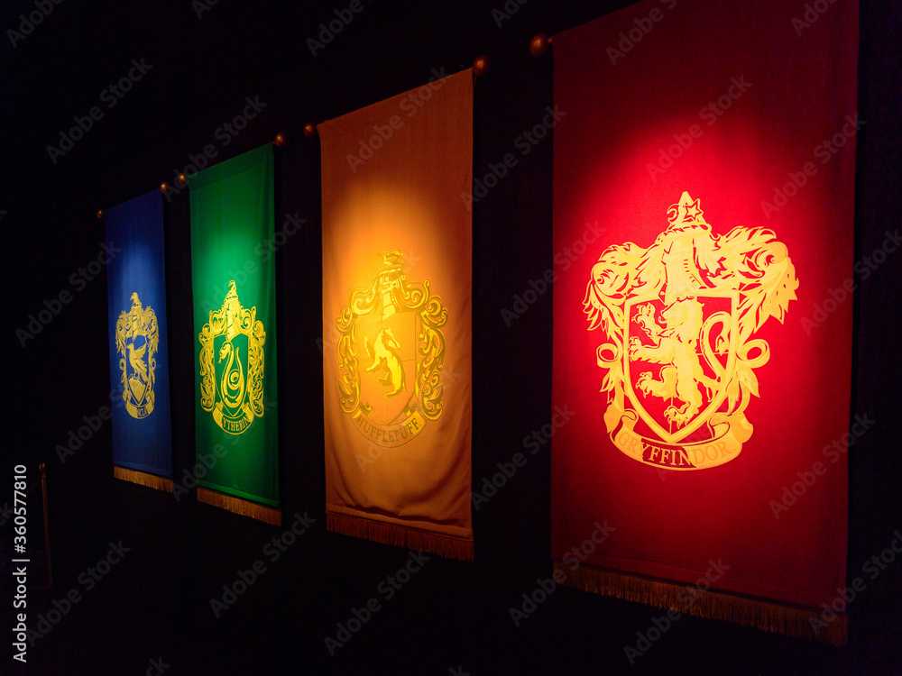 Fototapeta premium MADRID, SPAIN - NOV 22, 2017: 4 faculties logos, Wizarding world of Harry Poter experience in Madrid, Spain