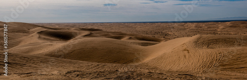 Panoramic view of the Imperial Sand Dunes in the Sonoran Desert of California, USA, featuring tire tracks from dune buggying photo