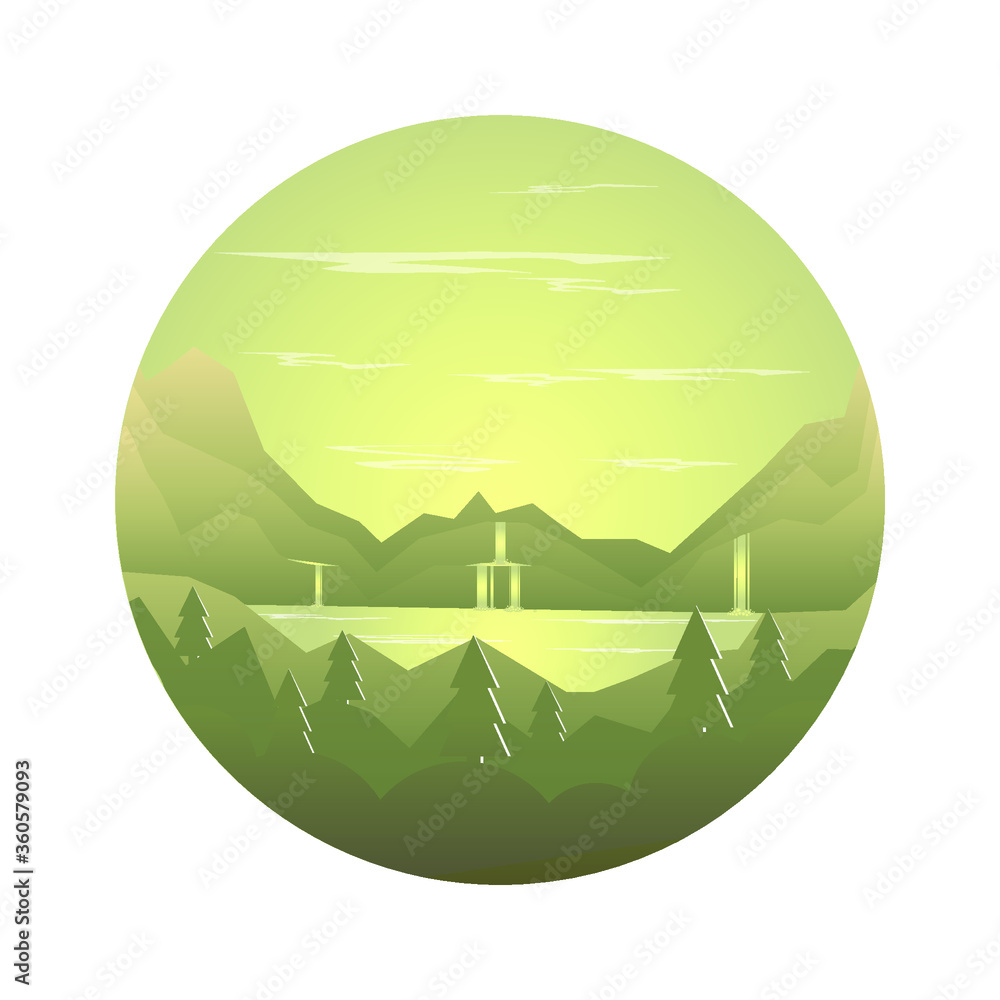 vector waterfall and mountain landscape illustration