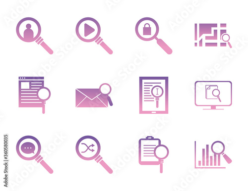 searching lupes gradient style icon set vector design