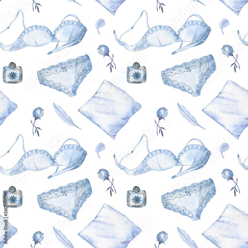 Seamless pattern with blue lingerie (bra and pants), roses, perfume and pillow on a white isolated background. Watercolor illustration. Gentle, fine and soft artwork. 