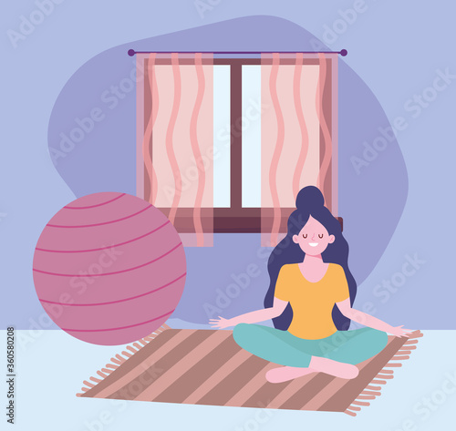 stay at home, girl in meditation yoga pose, self isolation, activities in quarantine for coronavirus