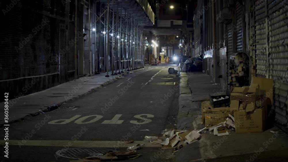 New York City dark abandoned narrow street by night, Manhattan gloomy cityscape
New York City dark abandoned narrow street by night, Manhattan gloomy cityscape