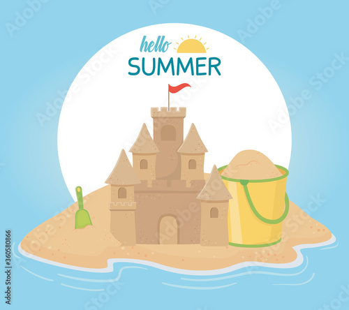summer travel and vacation sand castle bucket shovel beach