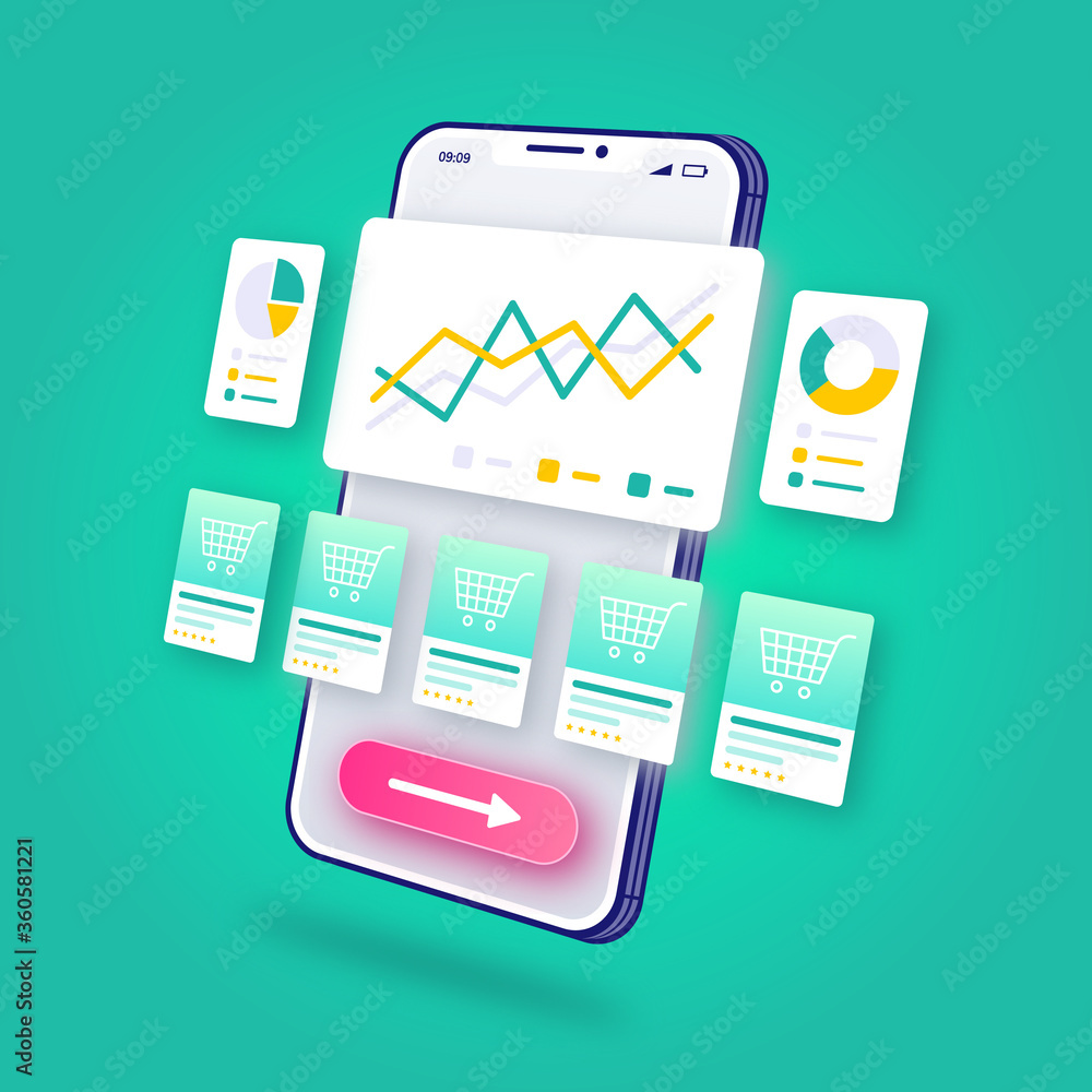 3d Illustration E-Commerce Analytics Online Shopping Mobile Application  Premium Vector Векторный объект Stock | Adobe Stock