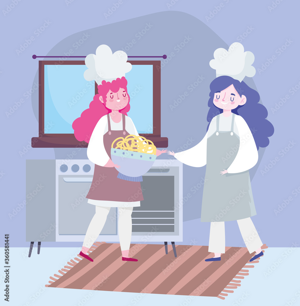 stay at home, chef girls with dessert bowl cartoon, cooking quarantine activities stay at home, chef girls with dessert bowl cartoon, cooking quarantine activities