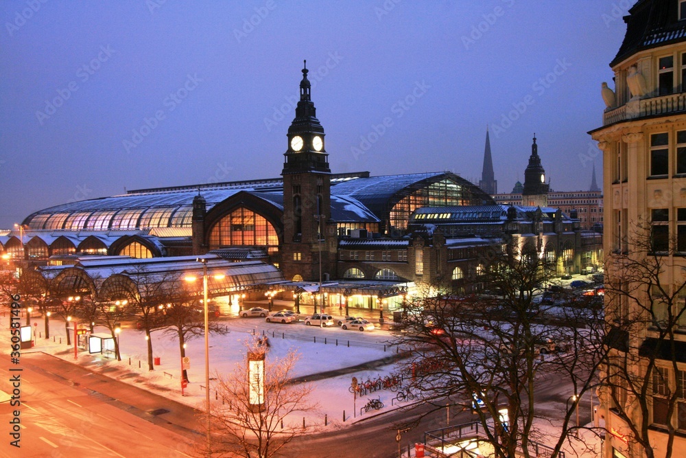 Hamburg Central Station snowy night